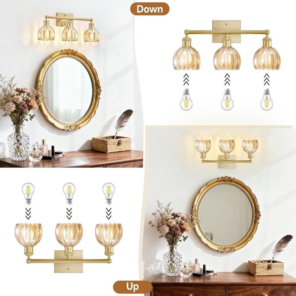 20" 3-Light Brushed Brass Bathroom Vanity Light with Amber Glass Shades - Picture 5 of 6